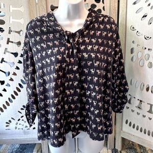 Poema Kitty Cat ModCloth 3/4 sleeve Blouse Shirt sz M fits like L-XL